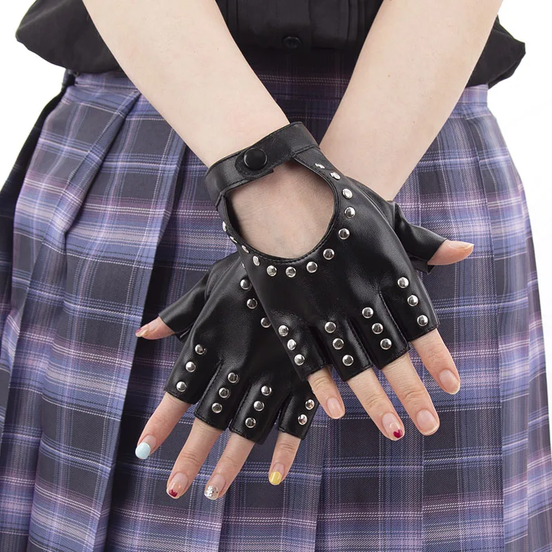 Leather Driving Glove - 1 Çift Kadın Punk Tarzı, Metal